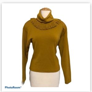 Gold pullover sweater, fringed neckline, size M
